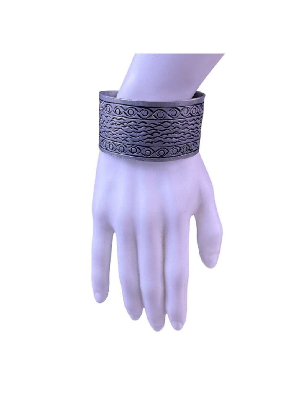 Vintage Unisex Silver Tone Motif Metal Cuff Bracelet Geometric & Wavy Design